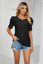 Load image into Gallery viewer, Eyelet Puff Sleeve Round Neck Blouse
