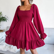 Smocked Flounce Sleeve Square Neck Dress