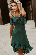 Sequin Ruffled Asymmetrical Neck Cold-Shoulder Mini Dress