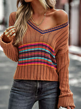 Load image into Gallery viewer, Striped Contrast V-Neck Dropped Shoulder Sweater
