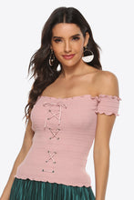 Load image into Gallery viewer, Lace-Up Front Lettuce Hem Off-Shoulder Knit Top
