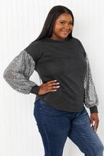Load image into Gallery viewer, HOPELY Full Size Sequin Puff Sleeve Curved Hem Top in Charcoal
