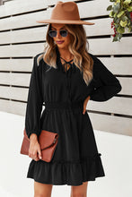 Load image into Gallery viewer, Tie Neck Smocked Waist Ruffle Hem Dress
