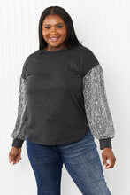 Load image into Gallery viewer, HOPELY Full Size Sequin Puff Sleeve Curved Hem Top in Charcoal
