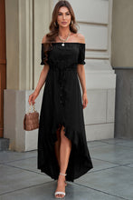Load image into Gallery viewer, Off-Shoulder Drawstring Waist Ruffled High-Low Dress
