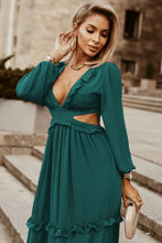 Load image into Gallery viewer, Lace-Up Frill Trim Cutout Puff Sleeve Plunge Dress
