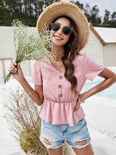 Load image into Gallery viewer, Printed V-Neck Decorative Button Blouse
