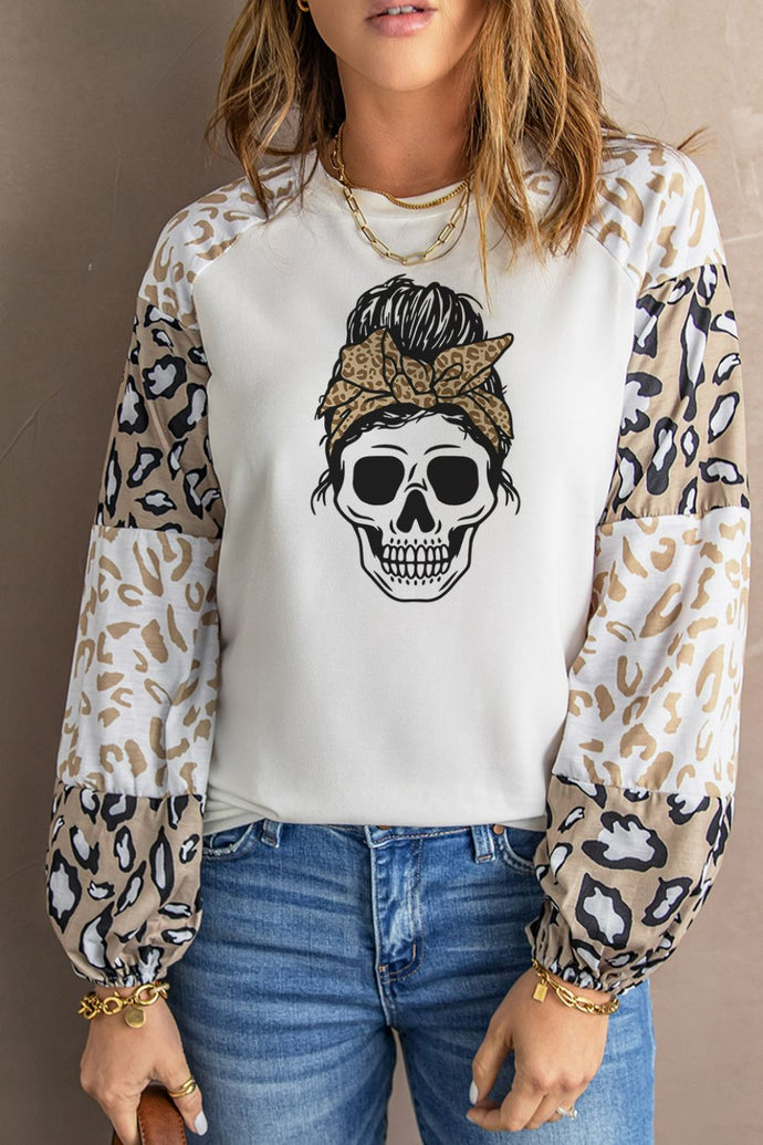Halloween Leopard Skull Graphic Long Sleeve Top