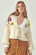 Petal Dew Flower Detail Button Front V-Neck Cardigan