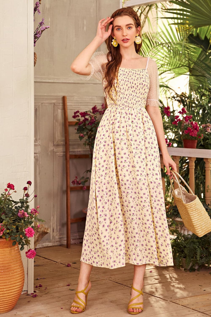 Floral Square Neck Sheer Flounce Sleeve Dress