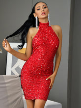 Load image into Gallery viewer, Sequin Halter Neck Backless Mini Bodycon Dress

