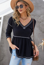 Load image into Gallery viewer, Striped Contrast V-Neck Peplum Waffle-Knit Top

