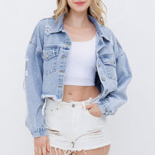 Load image into Gallery viewer, Cropped Raw Hem Dropped Shoulder Denim Jacket
