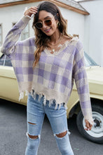 Load image into Gallery viewer, Plaid Frayed Trim V-Neck Sweater
