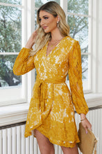 Load image into Gallery viewer, Pompom Trim Puff Sleeve Belted Lace Dress
