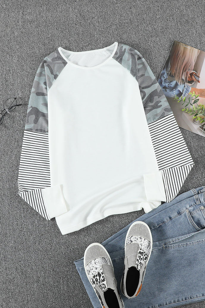 Camouflage and Stripe Print Raglan Top