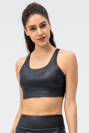Faux Leather Double Crisscross Strap Sports Bra