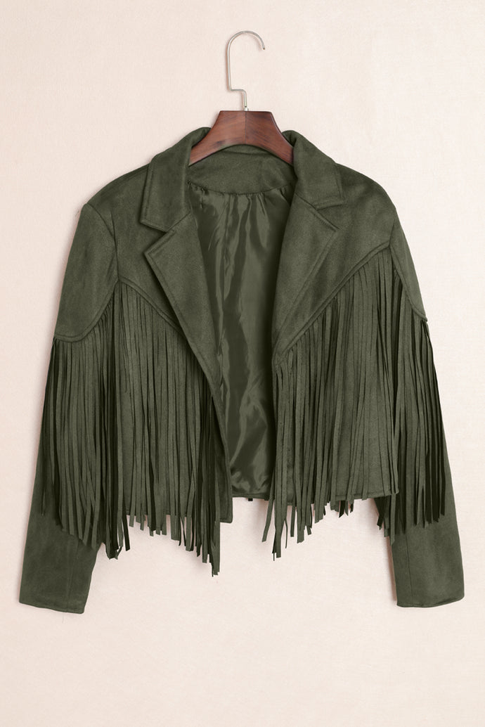 Fringe Trim Lapel Collar Faux Suede Jacket