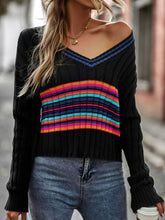 Load image into Gallery viewer, Striped Contrast V-Neck Dropped Shoulder Sweater
