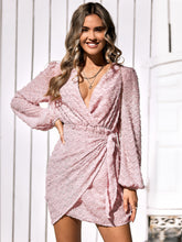 Load image into Gallery viewer, Textured Balloon Sleeve Tied Mini Dress
