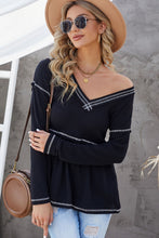 Load image into Gallery viewer, Striped Contrast V-Neck Peplum Waffle-Knit Top
