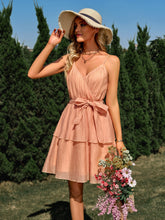 Load image into Gallery viewer, Tie Belt Surplice Spaghetti Strap Layered Dress
