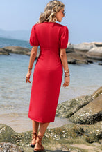 Load image into Gallery viewer, Surplice Neck Ruched Puff Sleeve Dress
