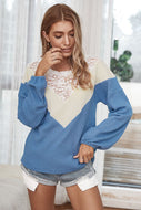 Color Block Spliced Lace Waffle-Knit Top