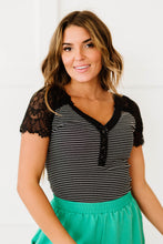 Load image into Gallery viewer, White Birch Lovey Dovey Full Size Striped Lace Trim Bodysuit
