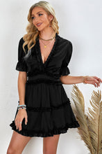 Load image into Gallery viewer, Frill Trim Short Puff Sleeve Plunge Dress
