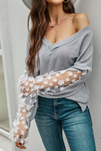 Load image into Gallery viewer, 3D Floral Applique Mesh Sleeve Waffle Top
