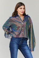 GeeGee Full Size Multicolored Glitter Fringe Trim Shirt