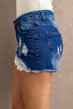 Load image into Gallery viewer, Spliced Lace Distressed Denim Shorts
