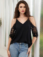 Load image into Gallery viewer, Cold-Shoulder V-Neck Spliced Lace Blouse
