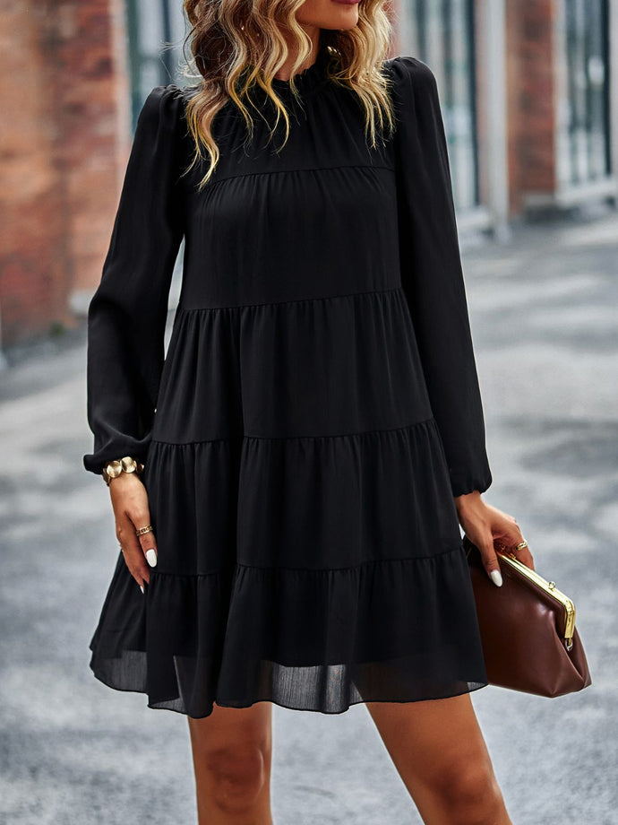 Frill Neck Puff Sleeve Tiered Dress