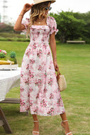 Floral Square Neck Flounce Sleeve Midi Dress