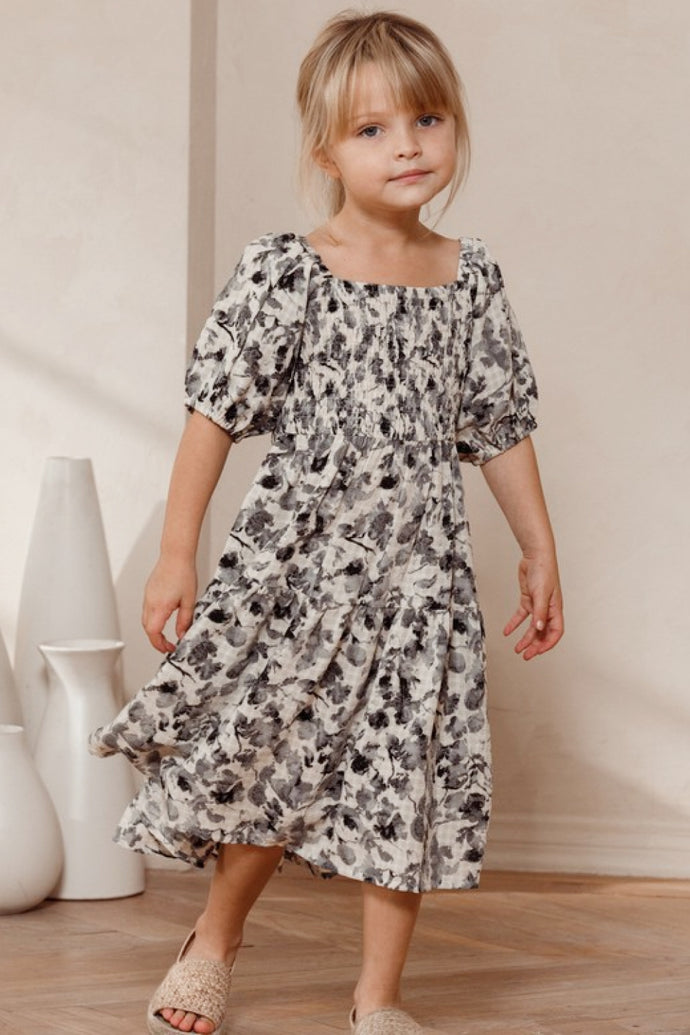 ODDI Girls Printed Smocked Square Neck Dress