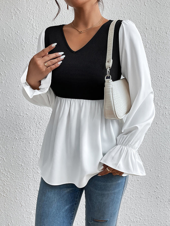 Contrast Flounce Sleeve V-Neck Blouse