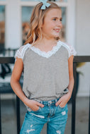 Girls Spliced Lace V-Neck Tee Shirt