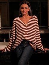 Load image into Gallery viewer, Striped V-Neck Button Down Rib-Knit Cardigan
