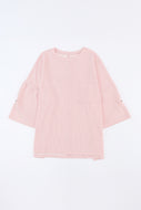 Round Neck Ribbed Long Sleeve Blouse with Pocket