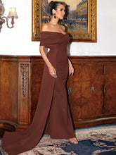Load image into Gallery viewer, Gathered Detail Cascading Off-Shoulder Fishtail Dress
