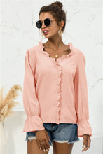 Load image into Gallery viewer, Frill Trim V-Neck Flounce Sleeve Shirt
