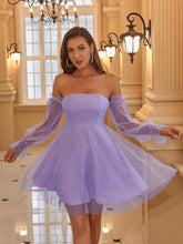 Load image into Gallery viewer, Glitter Off-Shoulder Mesh Flounce Sleeve A-Line Dress
