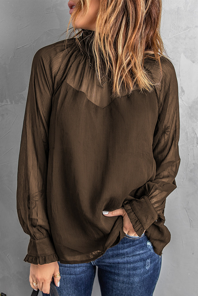 Frill Trim High Neck Sheer Blouse