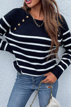 Load image into Gallery viewer, Striped Heart-Shaped Button Round Neck Sweater
