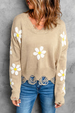 Load image into Gallery viewer, Floral Ribbed Trim Distressed Sweater
