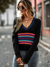 Load image into Gallery viewer, Striped Contrast V-Neck Dropped Shoulder Sweater
