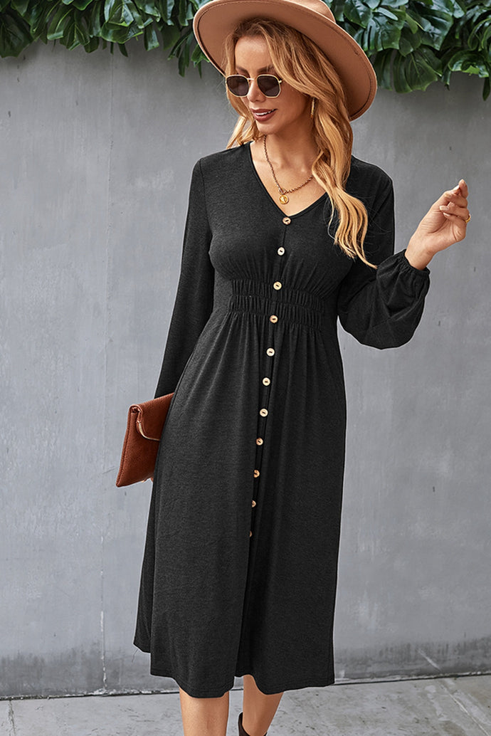 Decorative Buttons V-Neck Elastic Waist Knitted Dress
