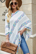 Colorful Stripe V-Neck Asymmetrical Fringe Hem Poncho